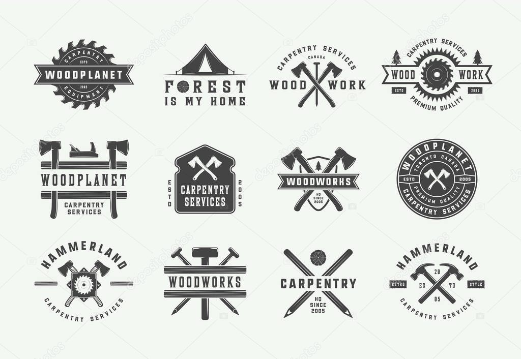 Set of vintage carpentry, woodwork and mechanic labels, badges, emblems and logo. Vector illustration. Monochrome Graphic Art
