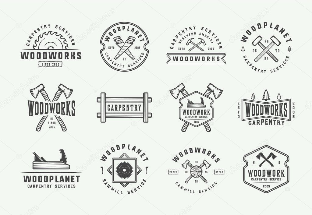 Set of vintage carpentry, woodwork and mechanic labels, badges, emblems and logo. Vector illustration. Monochrome Graphic Art