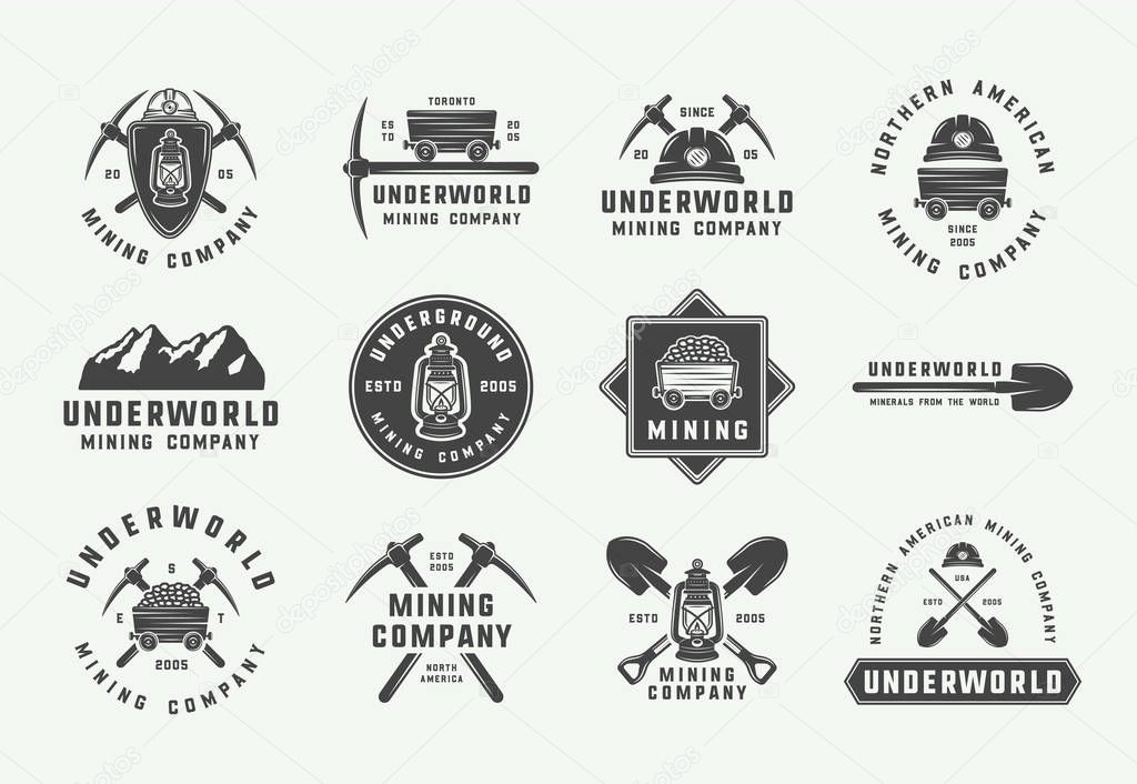 Set of retro mining or construction logos, badges, emblems and labels in vintage style. Monochrome Graphic Art. Vector Illustration.