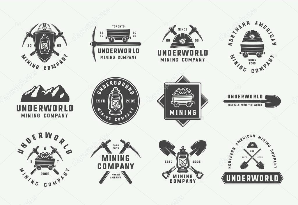 Set of retro mining or construction logos, badges, emblems 