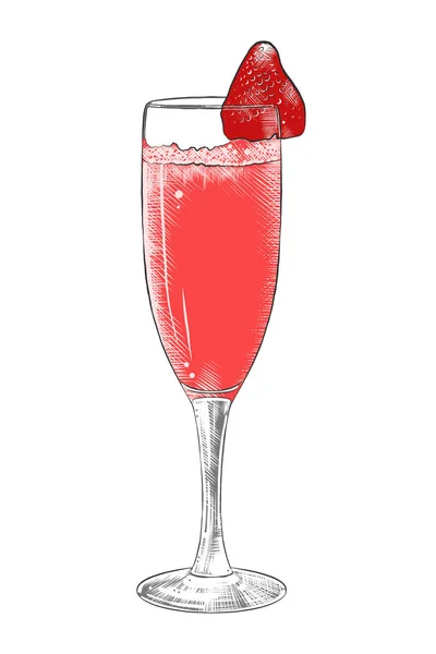 Croquis dessiné à la main de champagne à la fraise, coloré isolé sur fond blanc. Style vintage détaillé de gravure sur bois — Image vectorielle