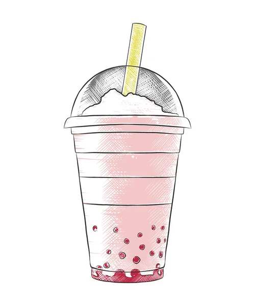 Croquis dessiné à la main de milkshake d'été, coloré isolé sur fond blanc. Style vintage détaillé de gravure sur bois — Image vectorielle