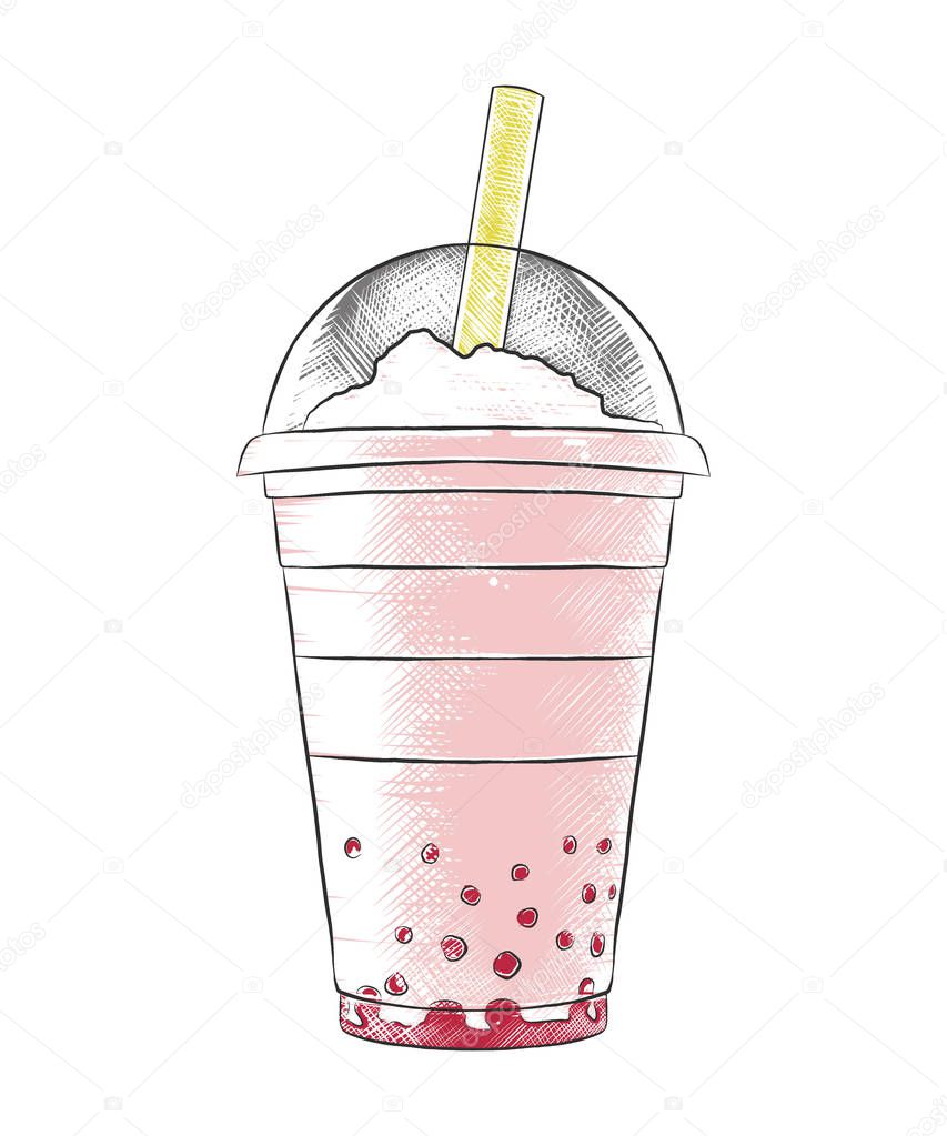 Vector engraved style illustration for posters, decoration, menu, logo and print. Hand drawn sketch of summer milkshake, colorful isolated on white background. Detailed vintage woodcut style