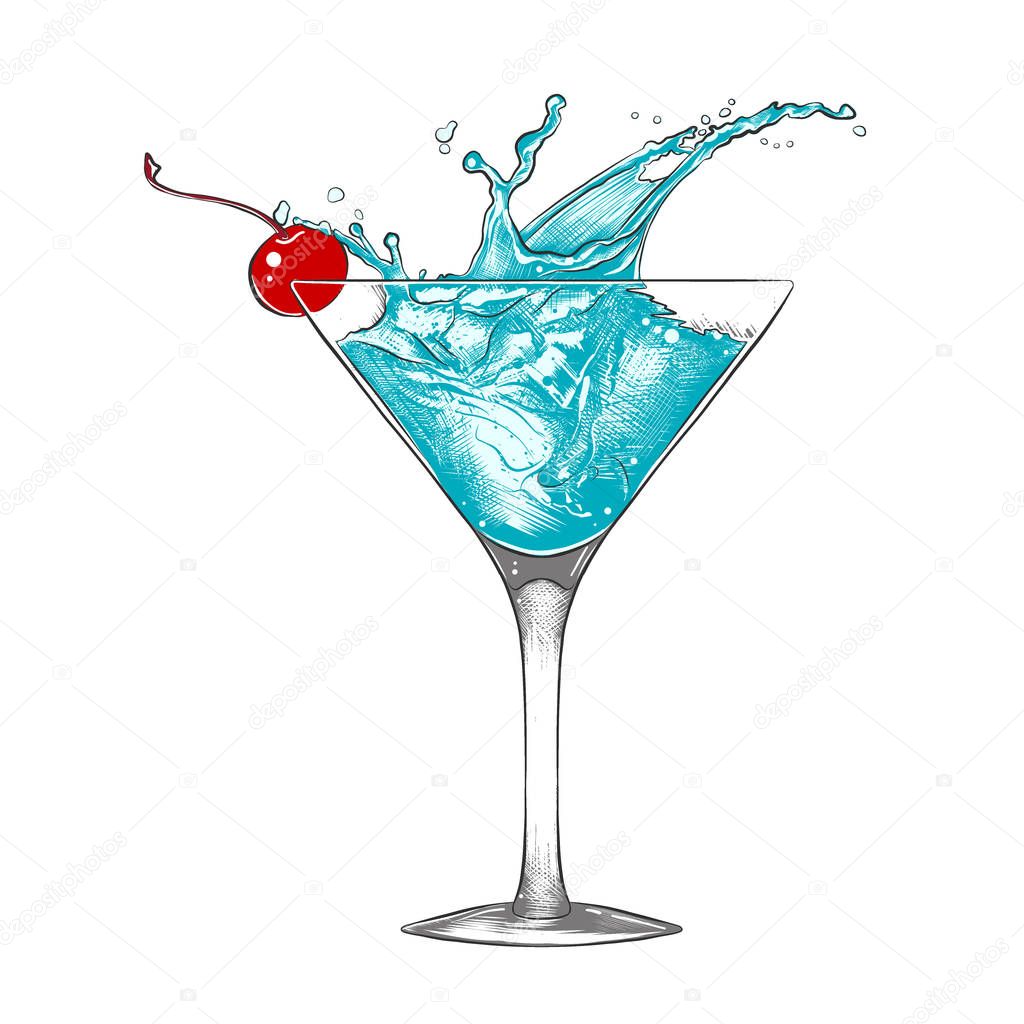 Vector engraved style illustration for posters, decoration and print. Hand drawn sketch of blue lagoon cocktail with splashes, colorful isolated on white background. Detailed vintage woodcut style