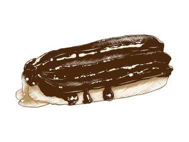 Beyaz arka plan üzerinde renkli izole éclair el çizilmiş kroki. Detaylı vintage ahşap tarzı çizim. 
