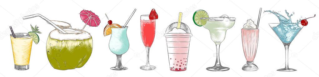 Vector engraved style alcohol cocktails and drinks collection for posters, decoration, menu, logo. Hand drawn colorful sketches isolated on white background. Detailed vintage woodcut style drawing.