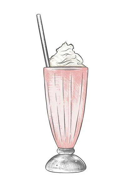 Hand getekende schets van milkshake in kleurrijke geïsoleerd op witte achtergrond. Gedetailleerde Vintage houtsnede stijl tekening. — Stockvector