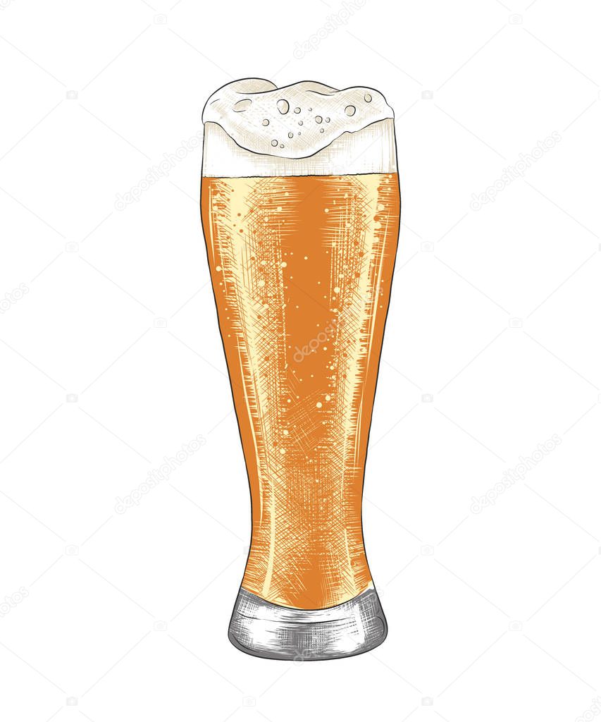 Hand drawn sketch of glass of beer in colorful isolated on white background. Detailed vintage woodcut style drawing.