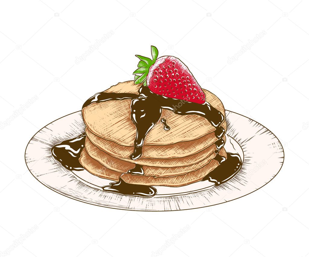 Hand drawn sketch of colorful pancakes on the plate isolated on white background. Detailed vintage woodcut style drawing. 