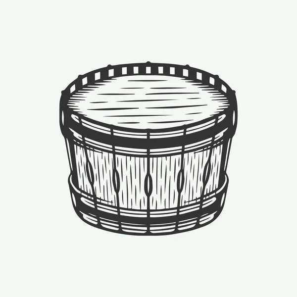 Vintage retro drum in line woodcut style. Handdrawn style. — Stock Vector