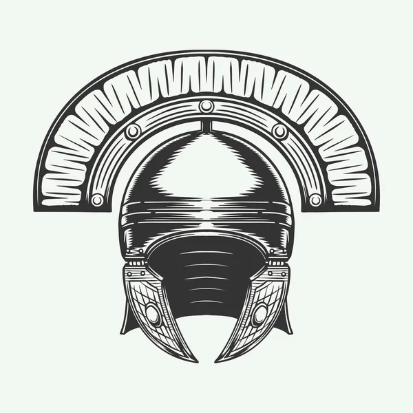 Retro-römischer Helm im Retro-Look. Schutzpanzer Ritter. Vektorillustration. Monochrome Grafik. — Stockvektor