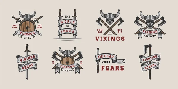 Uppsättning av vintage vikingar motiverande logotyp, etikett, emblem, badge i retrostil med citat. — Stock vektor