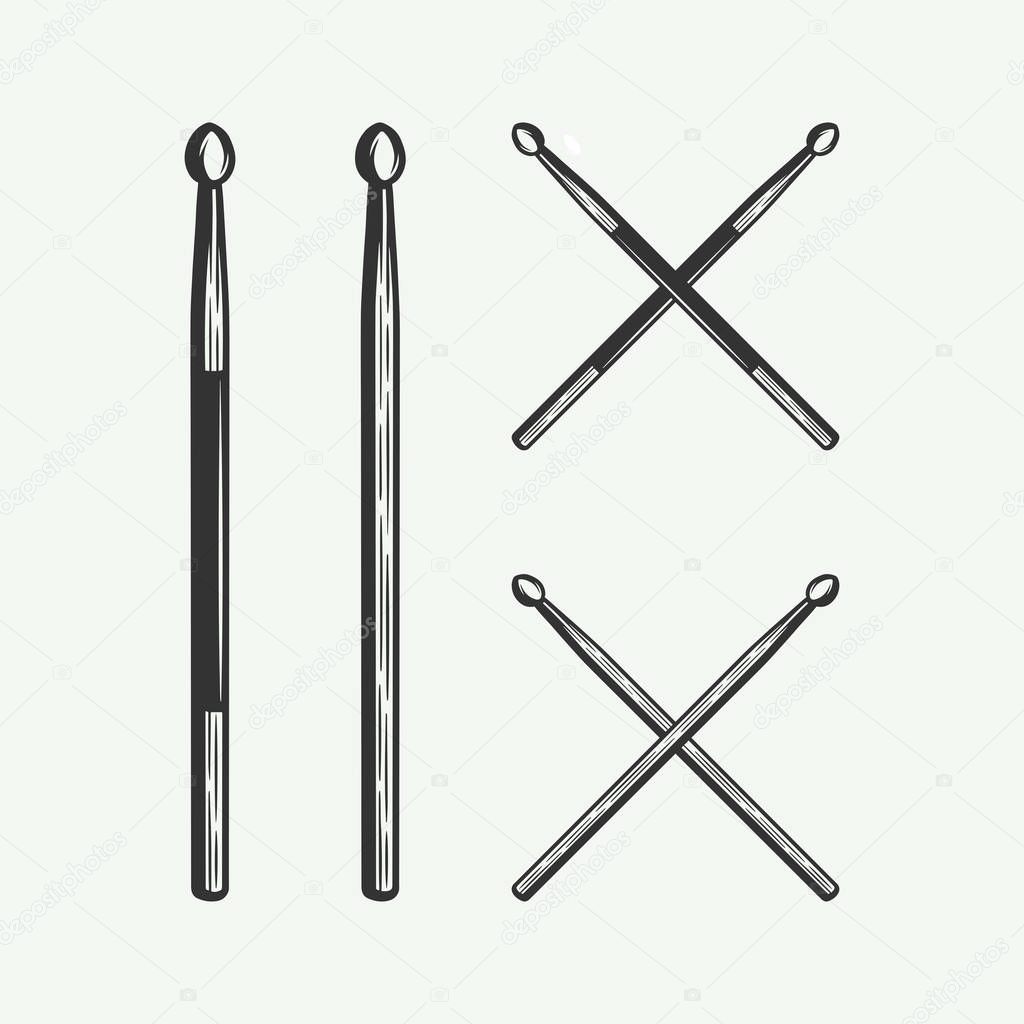 Set of vintage retro drum wooden sticks in line woodcut style. Cross sticks black and white. Monochrome Graphic Art. Vector Illustration.