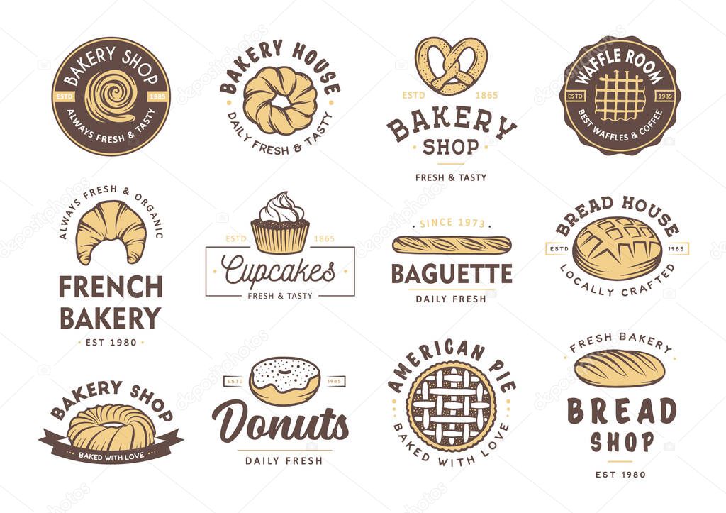 Set of vintage style bakery shop labels, badges, emblems and logo. Vector illustration. Colorful graphic art with engraved design elements. Collection of linear graphic on white background.