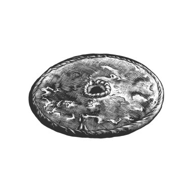 Posterler, dekorasyon ve baskı için oymalı stil çizimi. Beyaz arka planda tek renkli İspanyol turtasının el çizimi. Ayrıntılı vintage ahşap biçimi çizimi.