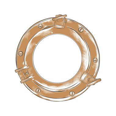 Posterler, dekorasyon, logo ve baskı için oymalı stil çizimi. Beyaz arka planda renkli izole edilmiş kapı deliğinin el çizimi. Ayrıntılı vintage ahşap biçimi çizimi.