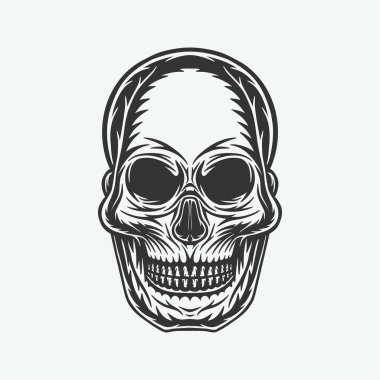 Eski moda tahta kesim antika korkunç kafatası. Amblem, logo, rozet, etiket gibi kullanılabilir. İşaret, poster ya da baskı. Monokrom Grafik Sanatı. Vektör