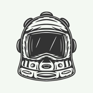 Eski moda tahta kesimli astronot kaskı. Amblem, logo, rozet, etiket gibi kullanılabilir. İşaret, poster ya da baskı. Monokrom Grafik Sanatı. Vektör