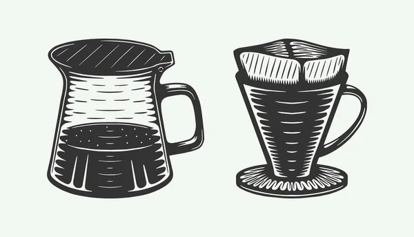 Ensemble Cafetière Vintage Filtre V60 Peut Être Utilisé Comme Emblème — Image vectorielle