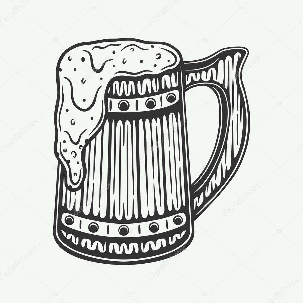 Vintage retro woodcut engraving wooden beer drink mug. Can be used like emblem, logo, badge, label. mark, poster or print. Monochrome Graphic Art. Vector Illustration