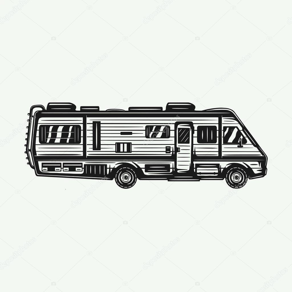 Vintage retro woodcut camper RV trailer. Can be used like emblem, logo, badge, label. mark, poster or print. Monochrome Graphic Art. Vector.