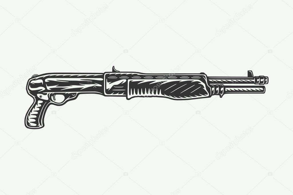 Vintage retro woodcut shotgun rifle spas 12. Can be used like emblem, logo, badge, label. mark, poster or print. Monochrome Graphic Art. Vector