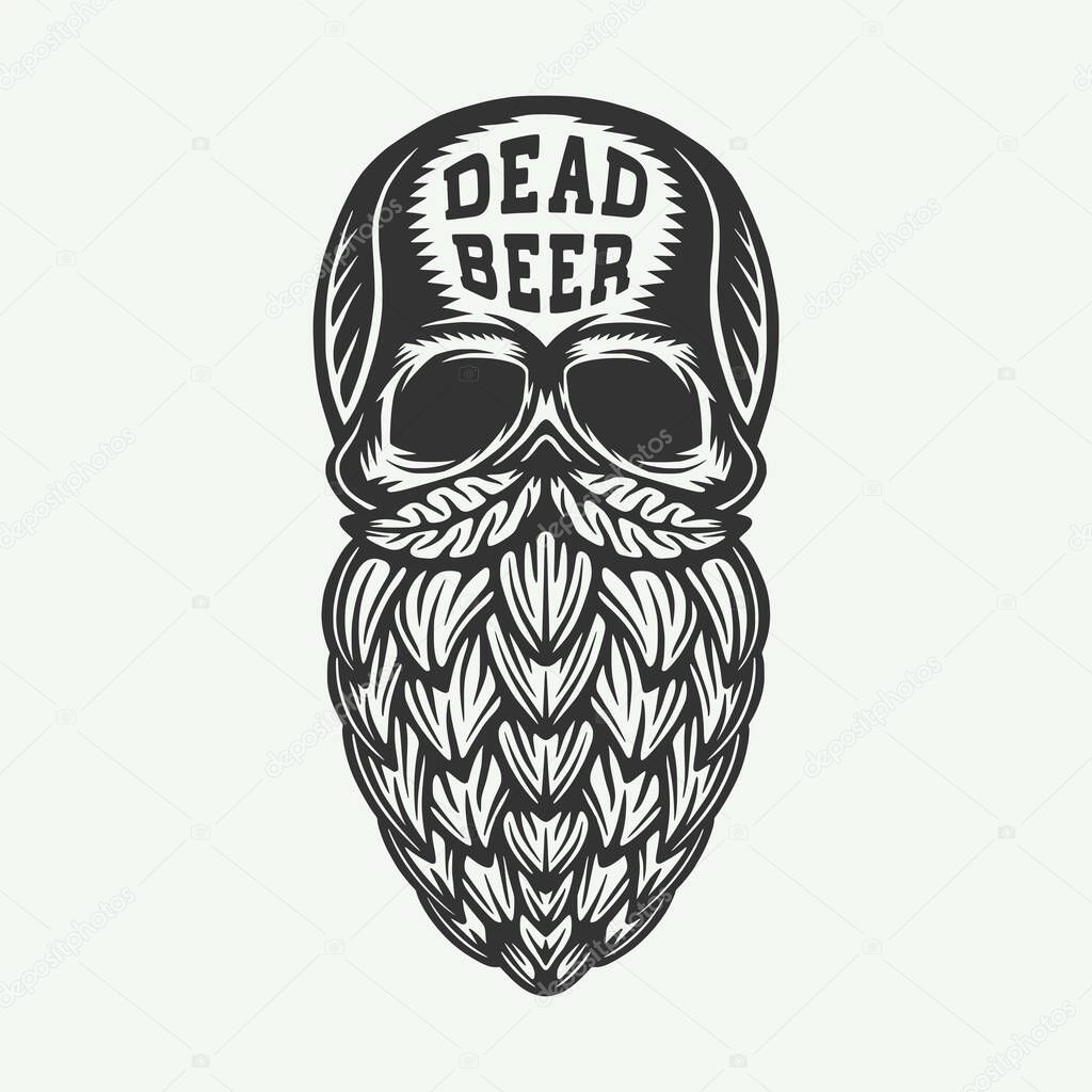 Vintage retro woodcut engraving skull with hop beard. Can be used like emblem, logo, badge, label. mark, poster or print. Monochrome Graphic Art. Vector