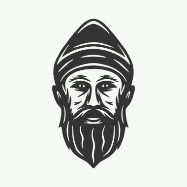 Eski moda tahta kesim orman yüzlü adam. Amblem, logo, rozet, etiket gibi kullanılabilir. İşaret, poster ya da baskı. Monokrom Grafik Sanatı. Vektör