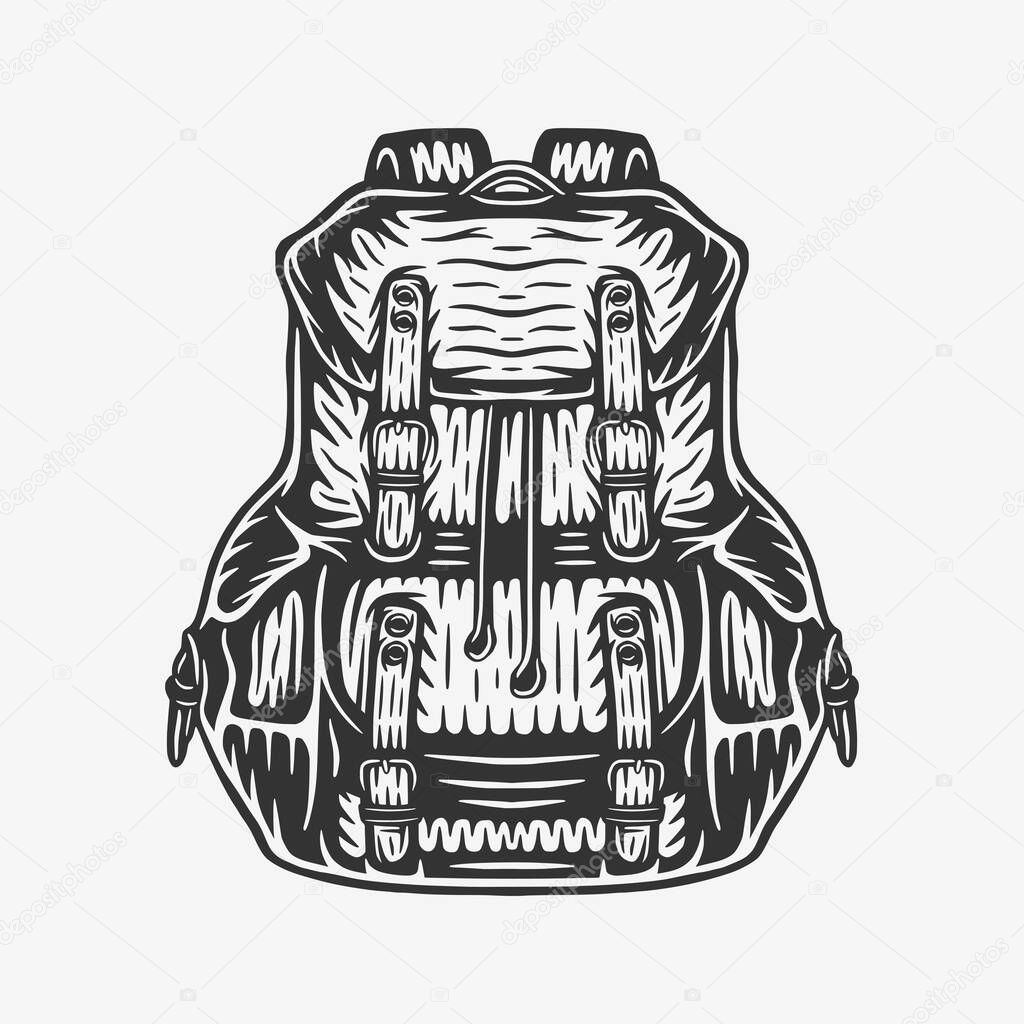 Vintage retro woodcut camping outdoor backpack bag. Can be used like emblem, logo, badge, label. mark, poster or print. Monochrome Graphic Art. Vector
