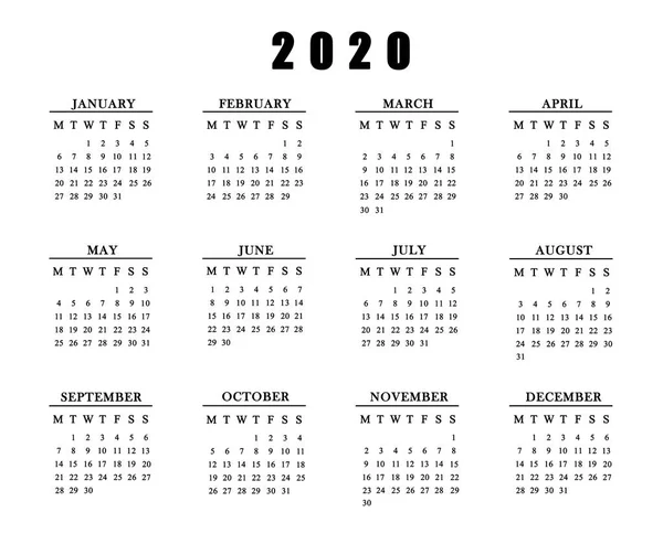 Calendario para 2020 sobre fondo blanco . — Foto de Stock