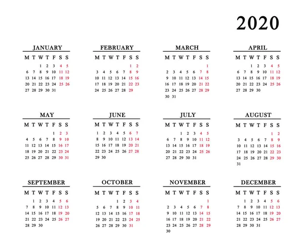 Kalender für 2020 auf weißem Hintergrund. — Stockfoto