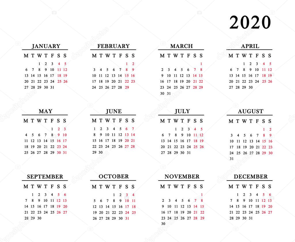 Calendar for 2020 on white background.