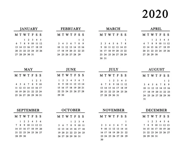 Kalender voor het jaar 2020 op witte achtergrond. — Stockfoto
