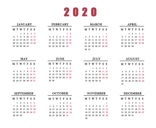 Calendario para 2020 sobre fondo blanco . —  Fotos de Stock