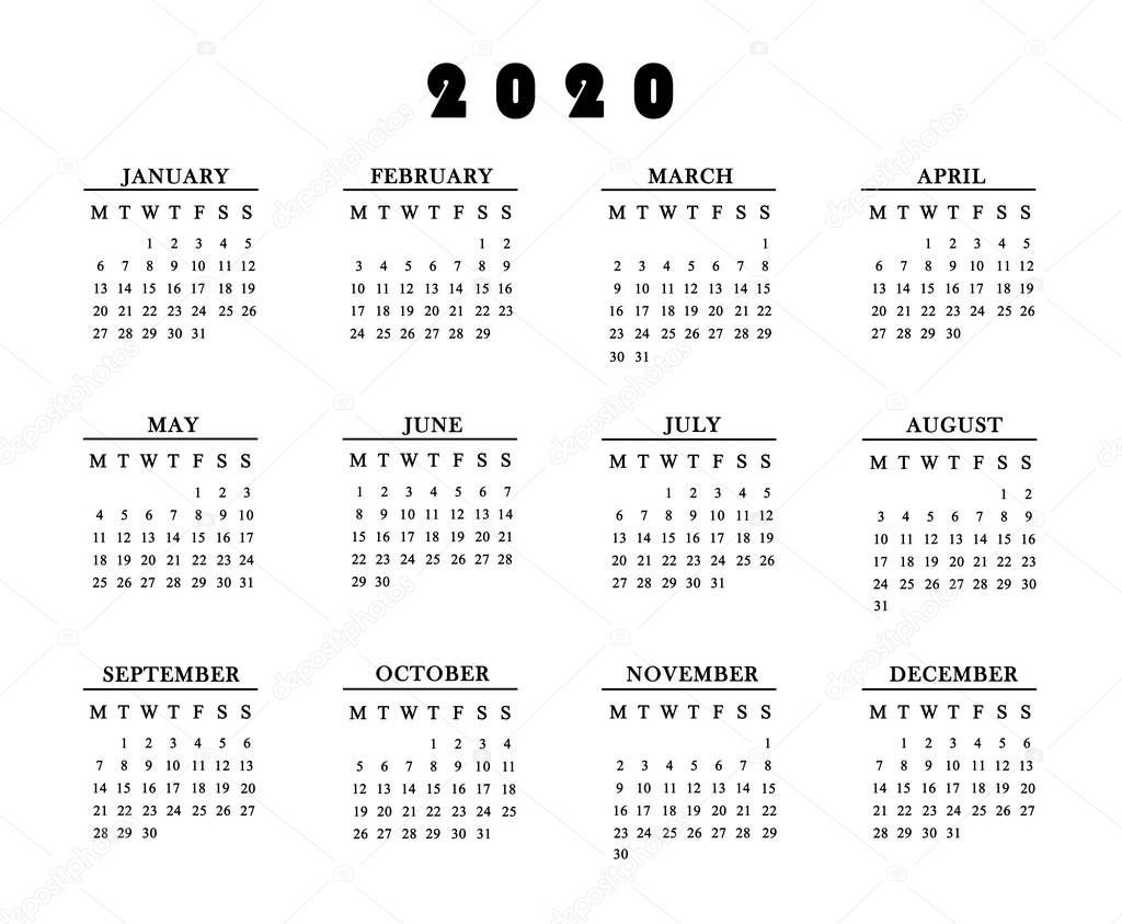 Calendar for 2020 on white background.