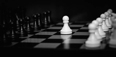 Seçilen odaklı satranç seti. Beyaz ilk gider. Merkezi figür-piyon odaklanmış üzerindedir. Takım çalışması konsepti.