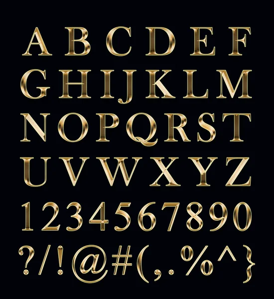 Altın alfabe, sayılar, siyah arka plan üzerindeki işaretler.