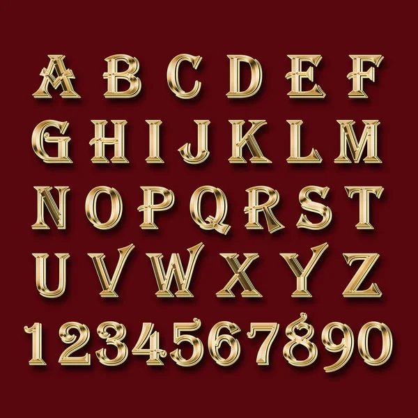 Alfabeto dourado e números em um fundo vermelho . — Fotografia de Stock