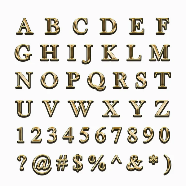Golden alphabet, numbers, signs on a white background. — Stock Photo, Image
