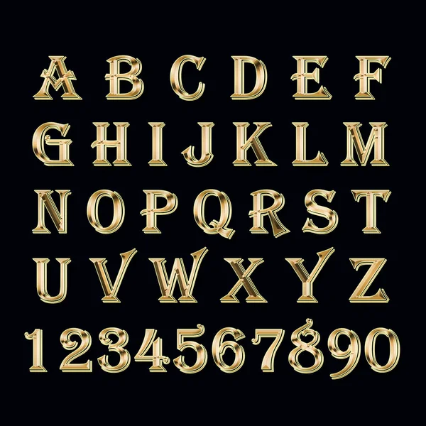 Golden alphabet and numbers on a black background. — Stock Photo, Image