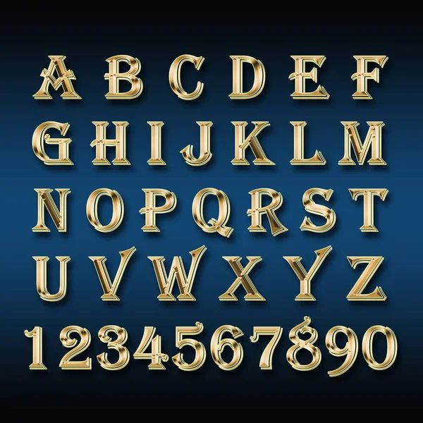 Alfabeto dourado e números em um fundo azul . — Fotografia de Stock