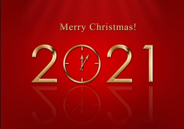 Mutlu yıllar 2021. Yeni Yıl Saati. Noel kartı.