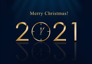Mutlu yıllar 2021. Yeni Yıl Saati. Noel kartı.