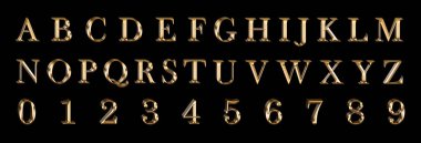 Altın alfabesi ve gri arkaplandaki rakamlar 3D-görüntü. Pankart