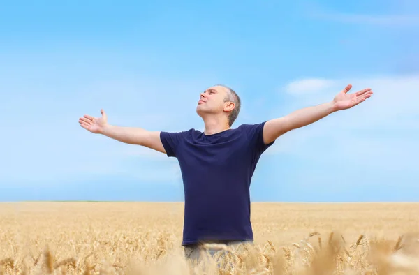 Man Tarweveld Met Uitgestrekte Armen Vrijheid Ontspanning Geluk — Stockfoto