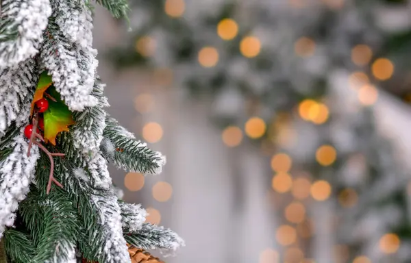 Christmas Branch Christmas Tree Background Glowing Bokeh — Stock Photo, Image