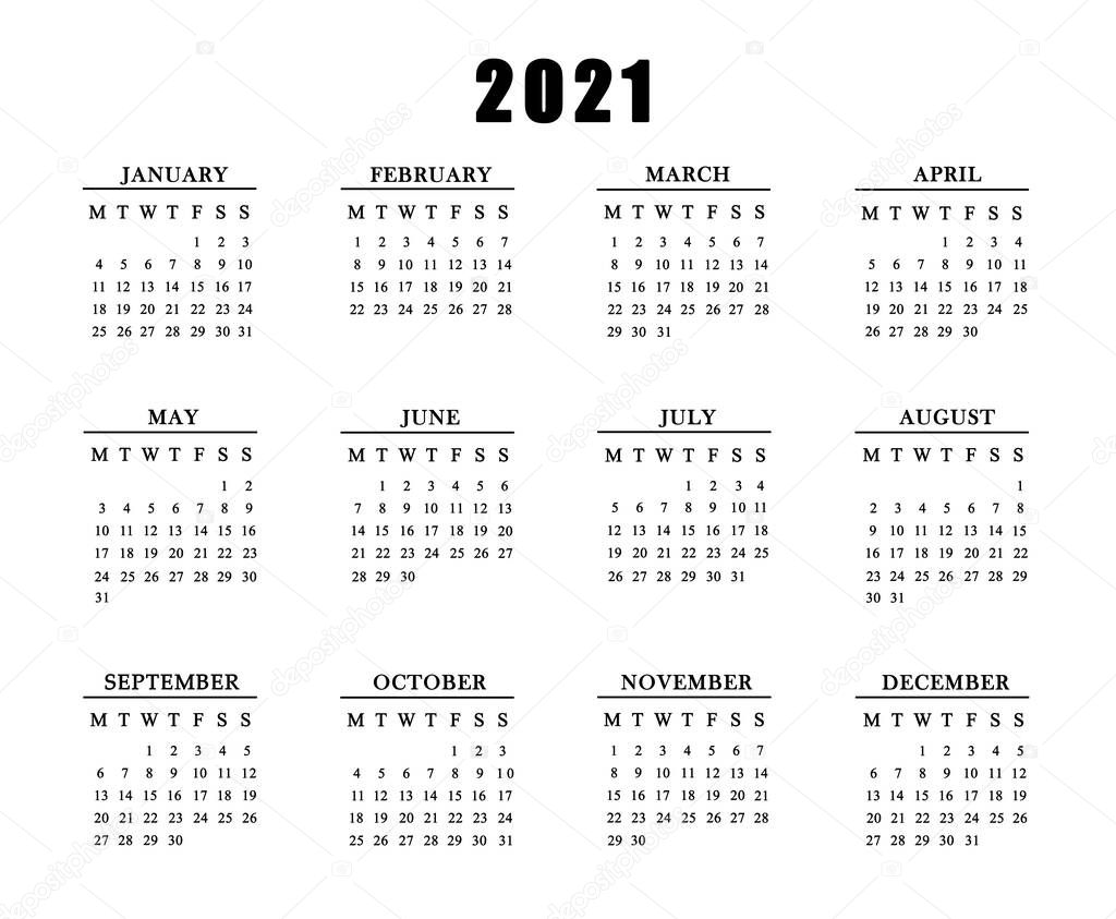 Calendar for 2021 on white background.