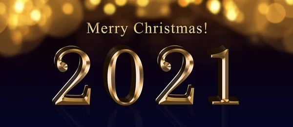 Happy new year! 2021 gold glossy (3d rendering ) on a background of golden bokeh. Holiday festive celebration concept. Christmas card