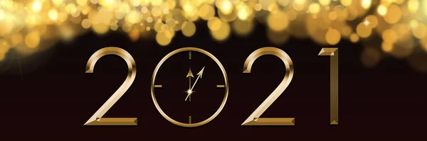 Happy new year! 2021 gold glossy on a background of golden bokeh. New Year Clock. Holiday festive celebration concept. Christmas card.Banner