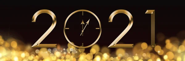 Happy new year! 2021 gold glossy on a background of golden bokeh. New Year Clock. Holiday festive celebration concept. Christmas card.Banner